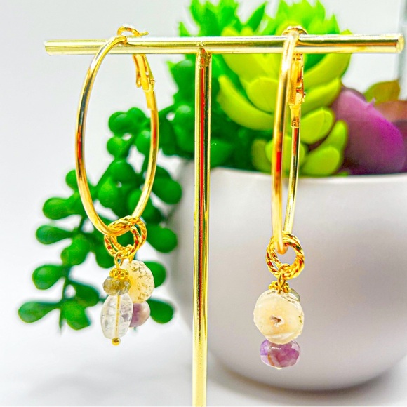 NWOT Genuine multi crystals and lava rock hoops 50mm stainless S 18K Gold Plated - Picture 5 of 9